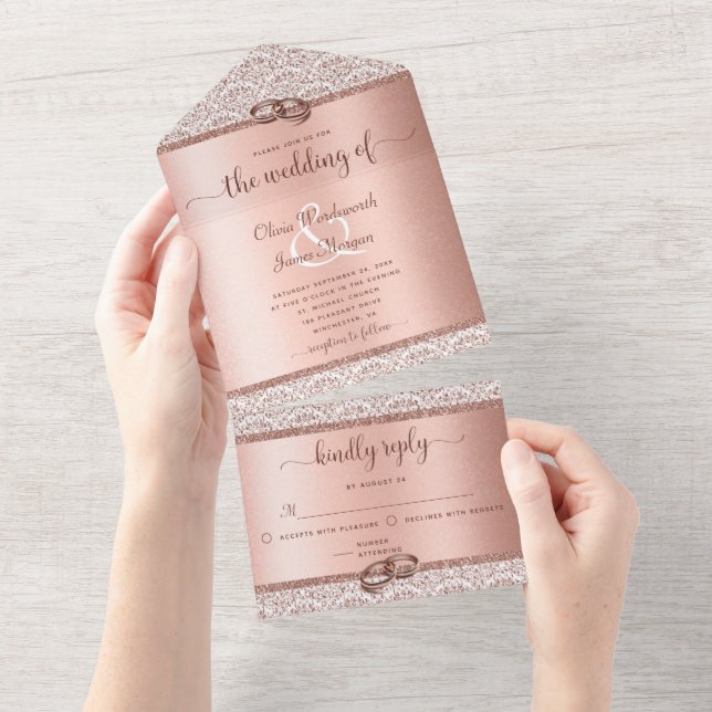 Rose Gold Glitzer Damask Elegante Hochzeit All In One Einladung (Abreißen)