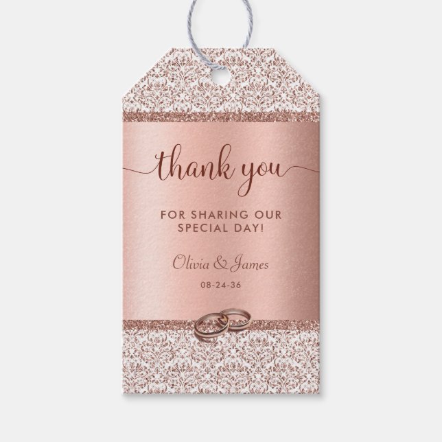 Rose Gold Glitzer Damask Hochzeit Vielen Dank Geschenkanhänger (Vorderseite)