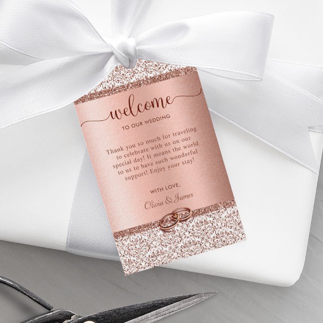 Rose Gold Glitzer Damask Monogram Wedding Welcome Geschenkanhänger (Von Creator hochgeladen)