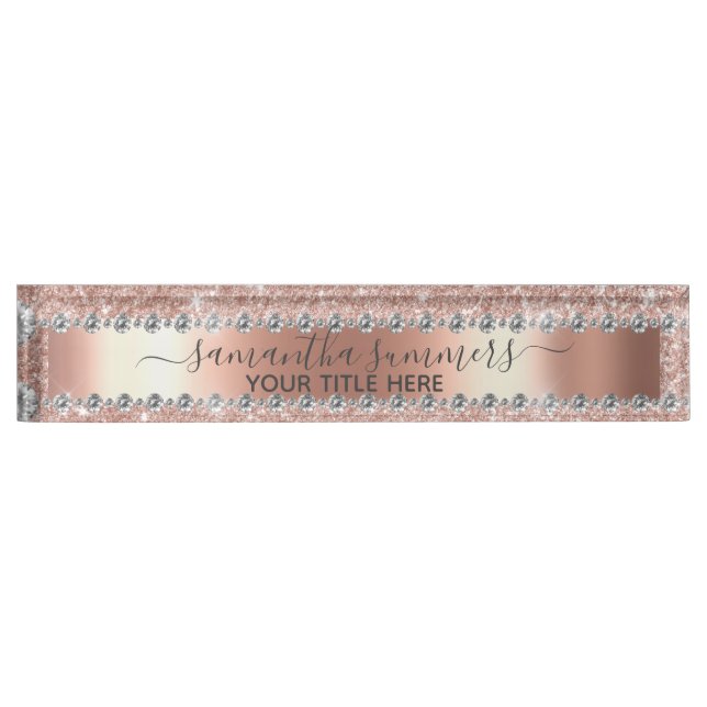Rose Gold Glitzer Diamond Look Handschriftlich Namensplakette (Vorderseite)