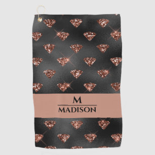 Rose Gold Glitzer Diamonds auf Black Monogram Golfhandtuch
