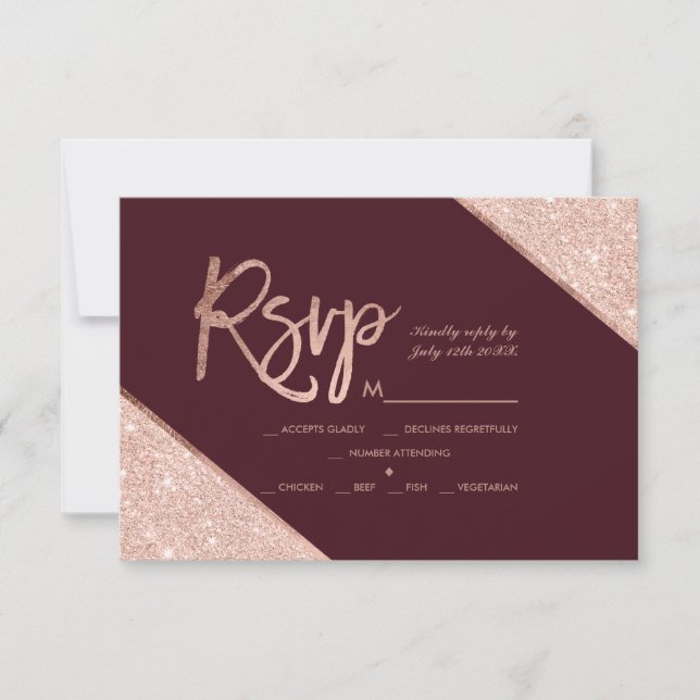 Rose Gold Glitzer Drehbuch burgundy uAwg Hochzeit RSVP Karte (Vorderseite)