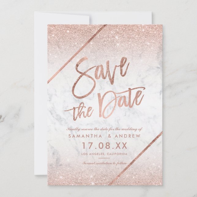 Rose Gold Glitzer Drehbuch chic Marmor Save the Da Date (Vorderseite)