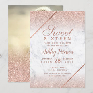 Rose Gold Glitzer Drehbuch Foto Marmor Sweet 16 Einladung