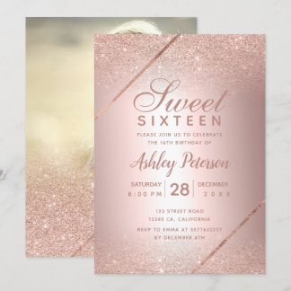 Rose Gold Glitzer Drehbuch Foto Metallisches Süß 1 Einladung