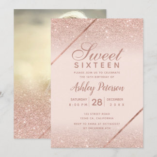 Rose Gold Glitzer Drehbuch Foto rot Rosa Süß 16 Einladung
