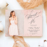 Rose Gold Glitzer Drehbuch rot Rosa Foto Sweet 16 Einladung<br><div class="desc">Eine moderne Rose Gold Glitzer Glitzern stilvoll auf individualisierbaren blush pink 16 . Geburtstag Geburtstagsfeier Einladung,  fügen Sie Ihr Bild mit einem eleganten Wirbel Kalligraphie-Skript.</div>