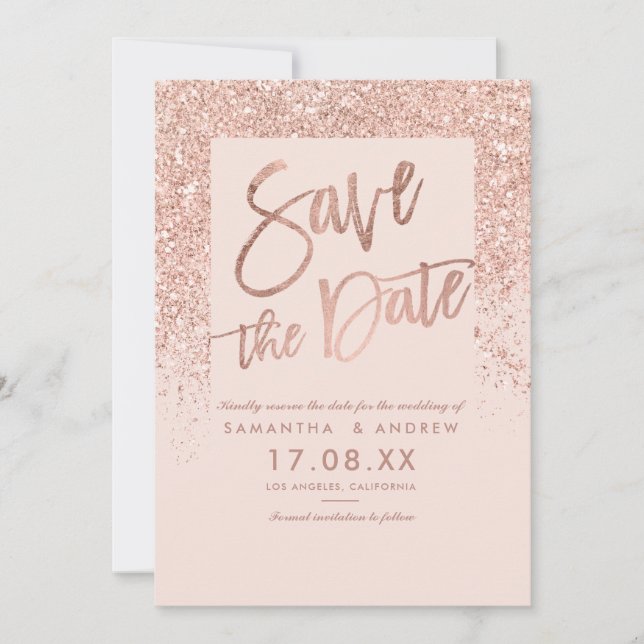 Rose Gold Glitzer Drehbuch rot Rosa Save the Date (Vorderseite)