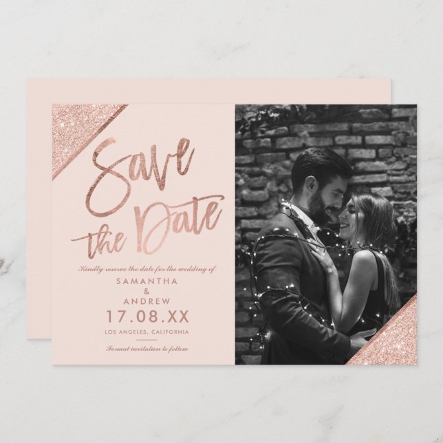 Rose Gold Glitzer Drehbuch rot Rosa Save the Date (Vorne/Hinten)