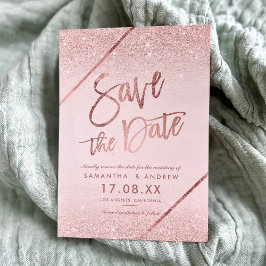 Rose Gold Glitzer Drehbuch rot Rosa Save the Date Ankündigungspostkarte