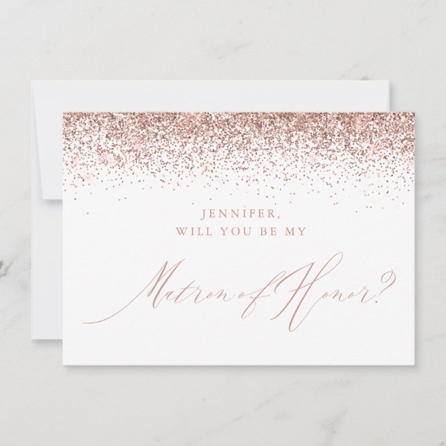 Rose Gold Glitzer Drehbuch White Matron of Honour Einladung (Vorderseite)