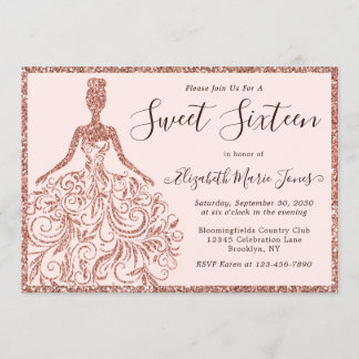 Rose Gold Glitzer Dress 16 . Geburtstag 16 Geburts Einladung