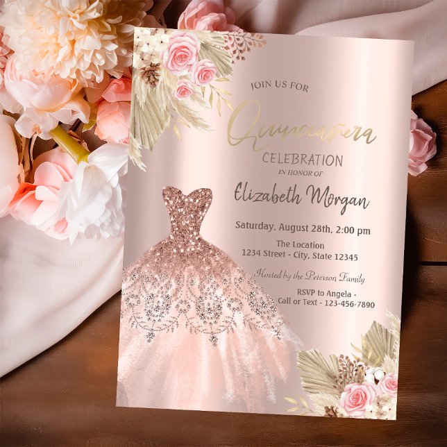 Rose Gold Glitzer Dress Blume Quinceañera Einladung (Von Creator hochgeladen)