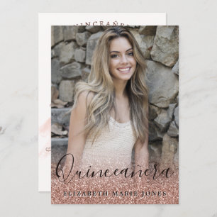 Rose Gold Glitzer Dress Foto QUINCEAÑERA Geburtsta Einladung