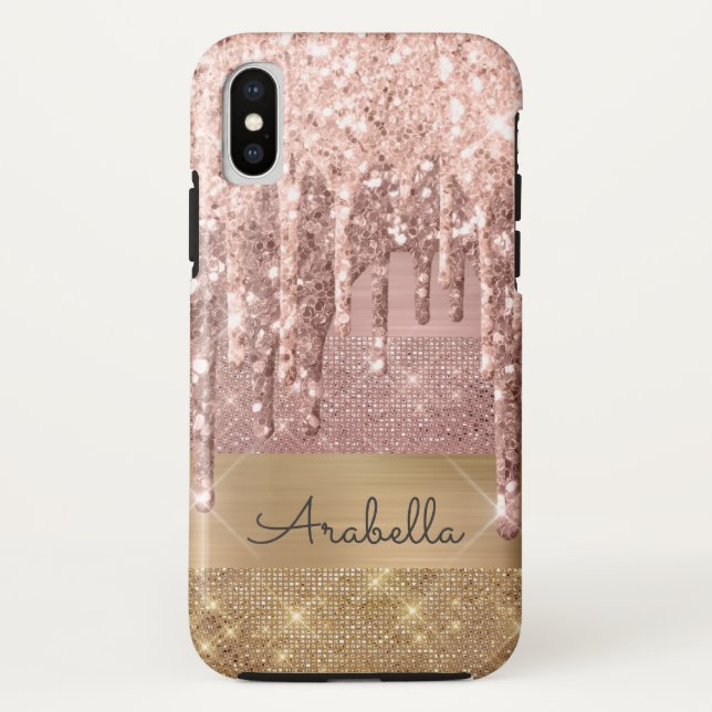 Rose Gold Glitzer Driving Gold Stripes Monogramm Case-Mate iPhone Hülle (Rückseite)