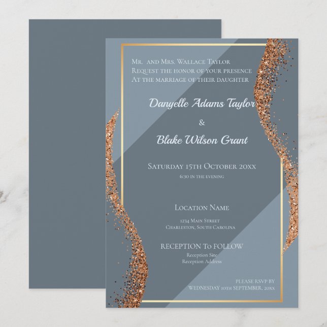 Rose Gold Glitzer Dusty Blues Einladung Hochzeit (Vorne/Hinten)