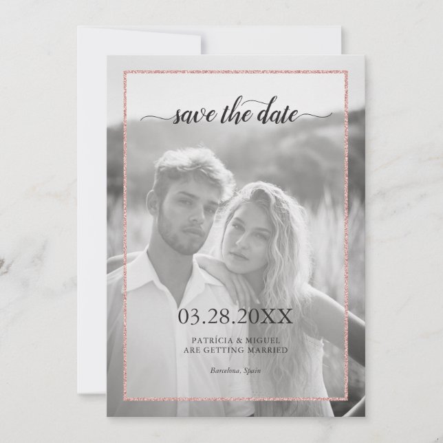 Rose Gold Glitzer Effekt Chic Script Foto Hochzeit Save The Date (Vorderseite)