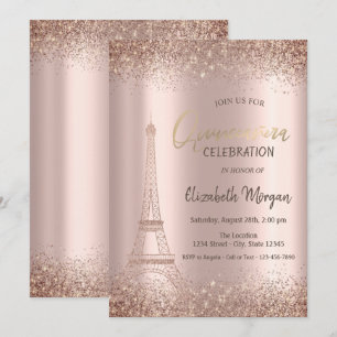 Rose Gold Glitzer Eiffel Confetti Quinceañera Einladung