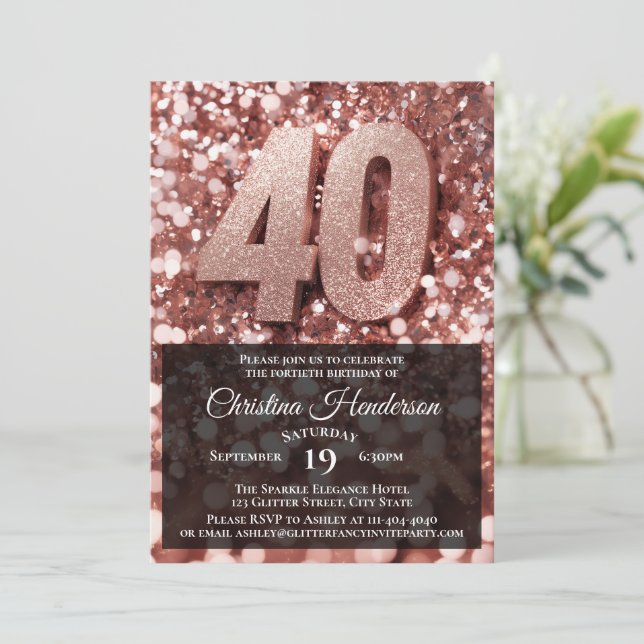 Rose Gold Glitzer Elegant 40. Geburtstag Party Einladung (Stehend Vorderseite)