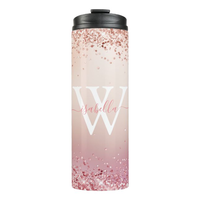 Rose Gold Glitzer Elegantes Monogramm Thermosbecher (Vorderseite)