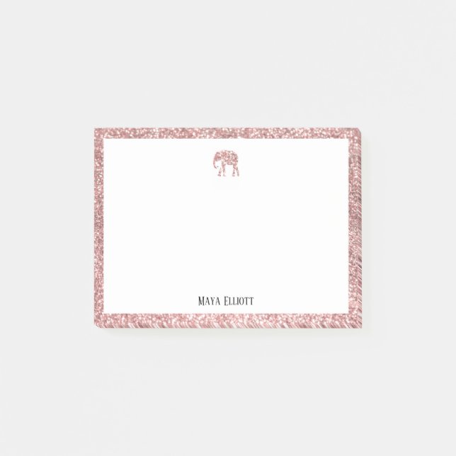 Rose Gold Glitzer Elephant & Border mit Weiß Post-it Klebezettel (Vorderseite)