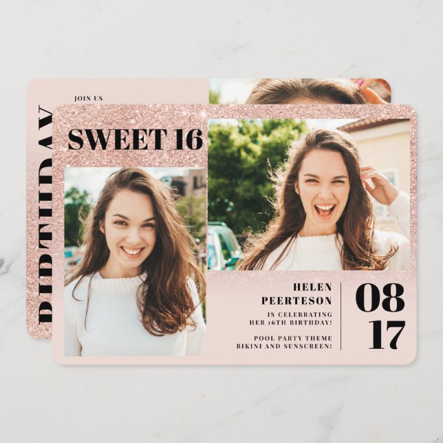 Rose Gold Glitzer erröten 3 Fotos Sweet 16 Geburts Einladung (Vorne/Hinten)