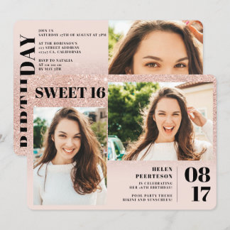 Rose Gold Glitzer erröten 3 Fotos Sweet 16 Geburts Einladung