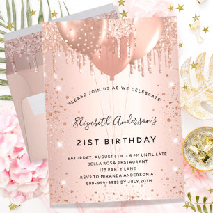 Rose Gold Glitzer fällt Ballons Einladungspostkarte