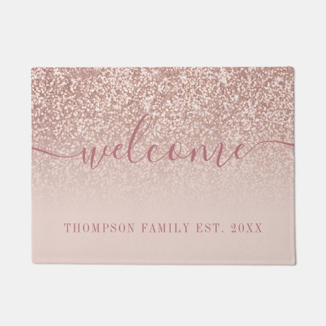 Rose Gold Glitzer Familienname Fußmatte (Vorderseite)