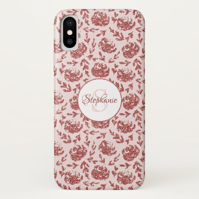 Rose Gold Glitzer Floral Monogram Case-Mate iPhone Hülle (Rückseite)