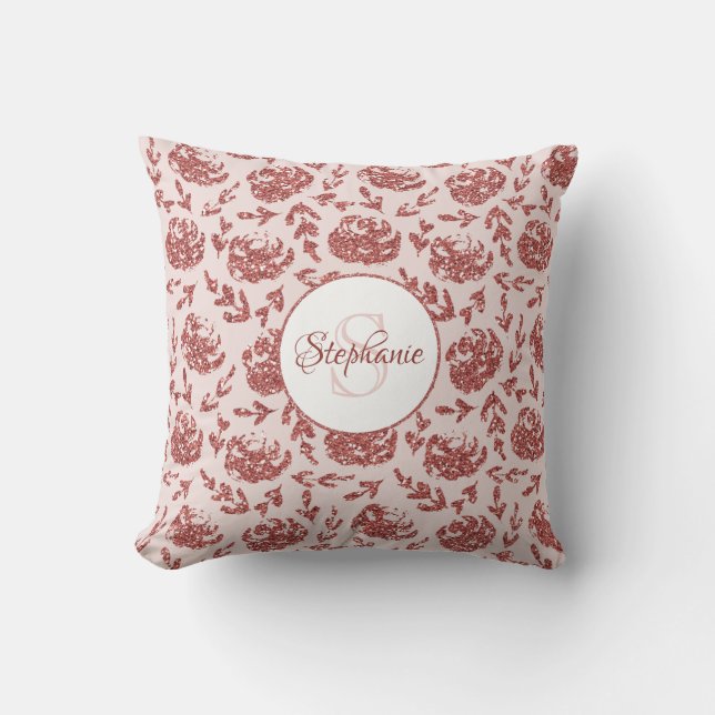 Rose Gold Glitzer Floral Monogram Kissen (Vorderseite)