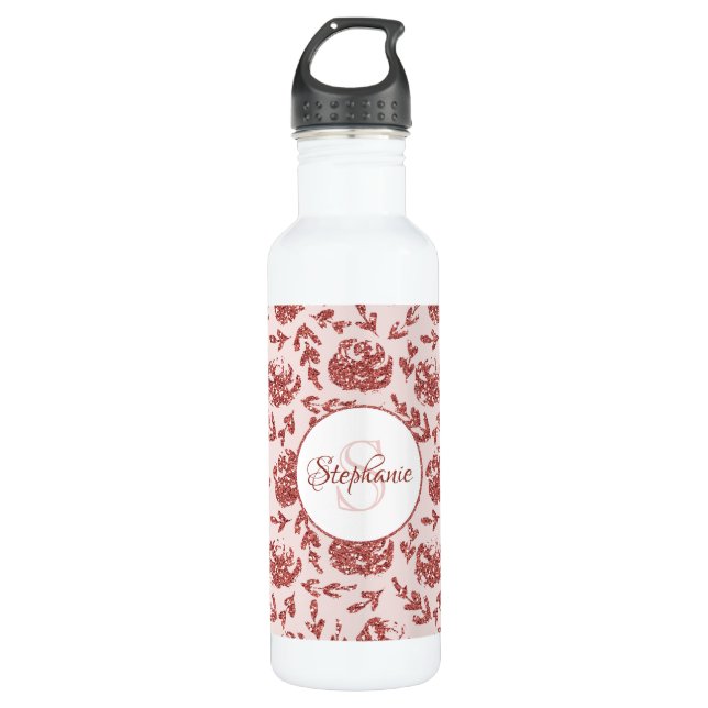 Rose Gold Glitzer Floral Monogram Personalisiert Edelstahlflasche (Vorderseite)