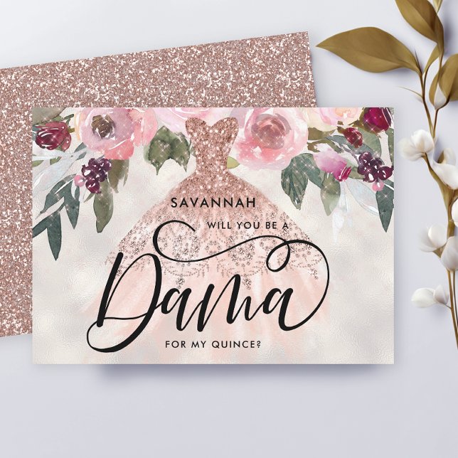 Rose Gold Glitzer Floral Quinceañera Dama Vorschla Einladung (Von Creator hochgeladen)