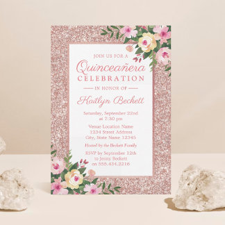 Rose Gold Glitzer Floral Quinceñera 15. Geburtstag Einladung