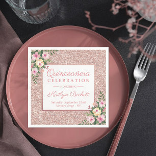 Rose Gold Glitzer Floral Quinceñera 15. Geburtstag Serviette