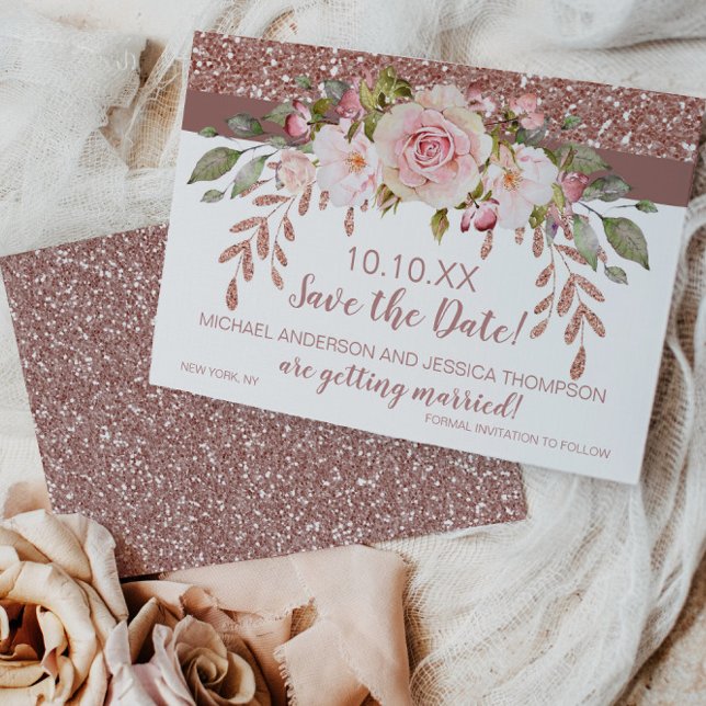Rose Gold Glitzer Floral Save the Date (Von Creator hochgeladen)
