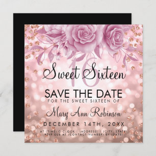 Rose Gold Glitzer Floral Sweet 16 Einladung