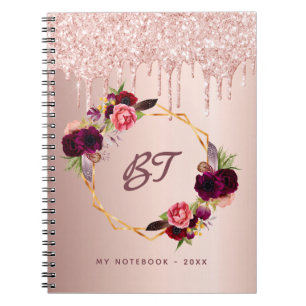 Rose Gold Glitzer Florals Monogramm Bordeaux Notizblock