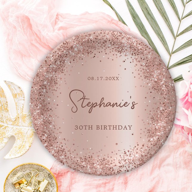 Rose Gold Glitzer Foil 30th Birthday Monogram Pappteller (Von Creator hochgeladen)