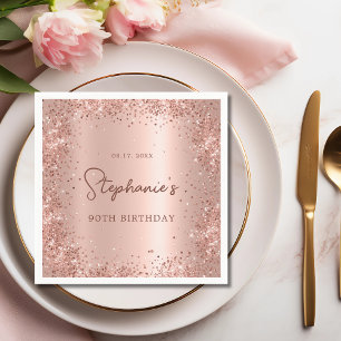 Rose Gold Glitzer Foil 90th Birthday Monogram Serviette