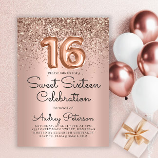 Rose Gold Glitzer Foil Ballon Sweet 16. Geburtstag Einladung