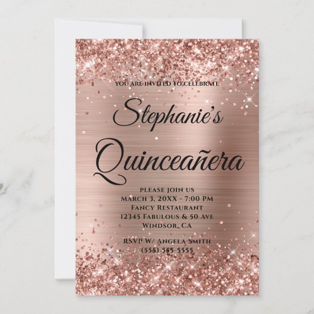 Rose Gold Glitzer Foil Extravagant Monogram Quince Einladung (Vorderseite)