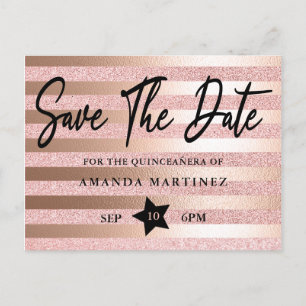 Rose Gold Glitzer & Foil Quinceñera Save the Date Postkarte