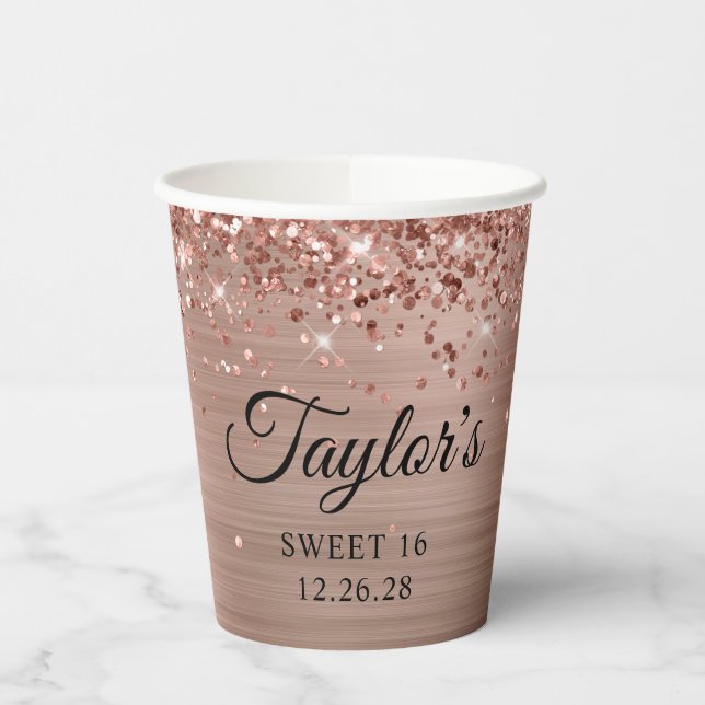 Rose Gold Glitzer Foil Sweet 16 Pappbecher (Links)