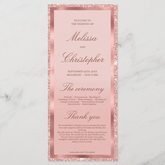 Rose Gold Glitzer Folie Hochzeitstag Zeremonie Programm (Vorderseite)
