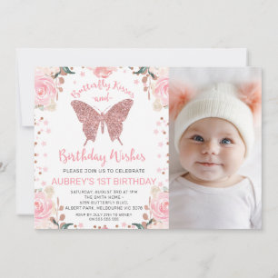 Rose Gold Glitzer Foto Butterfly Kisses Geburtstag Einladung