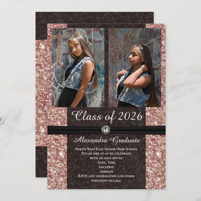 Rose Gold Glitzer Foto Class of 2025 Abschluss Einladung (Vorne/Hinten)