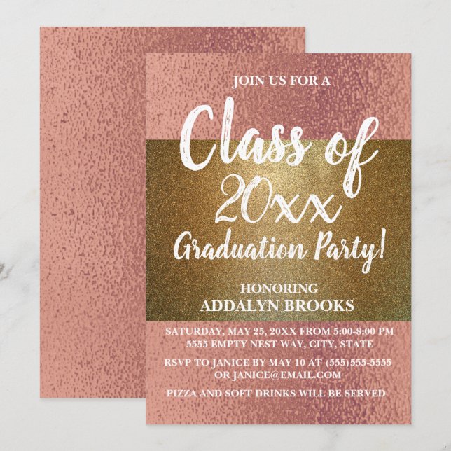 Rose Gold Glitzer Foto Grad Party Einladung (Vorne/Hinten)