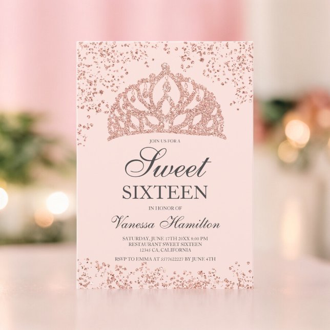 Rose Gold Glitzer Foto Rosa Krone Sweet 16 Einladung (Rose gold glitter photo blush crown tiara Sweet 16 Invitation)