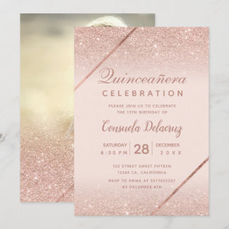 Rose Gold Glitzer Foto Rosa Quinceanera Einladung